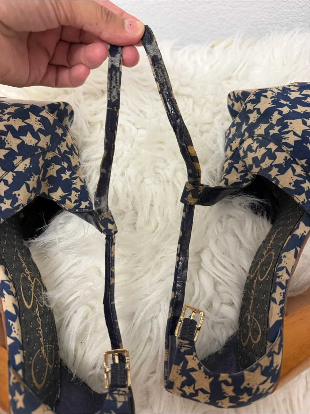 Jessica Simpson Navy and Cream Star-Print Platform Peep-Toe Heels